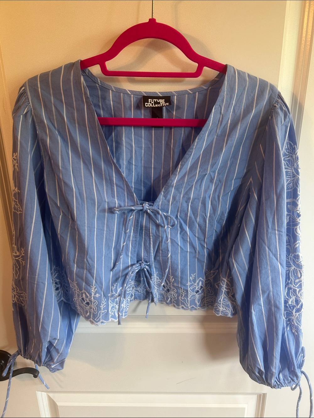 Blue Striped Embroidered Tie-Front Blouse by Future Collective. 0127